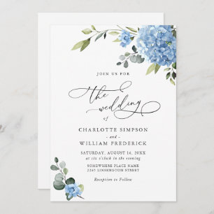 Invitation Élégant Mariage Floral Hydrangea Bleu Tout en un