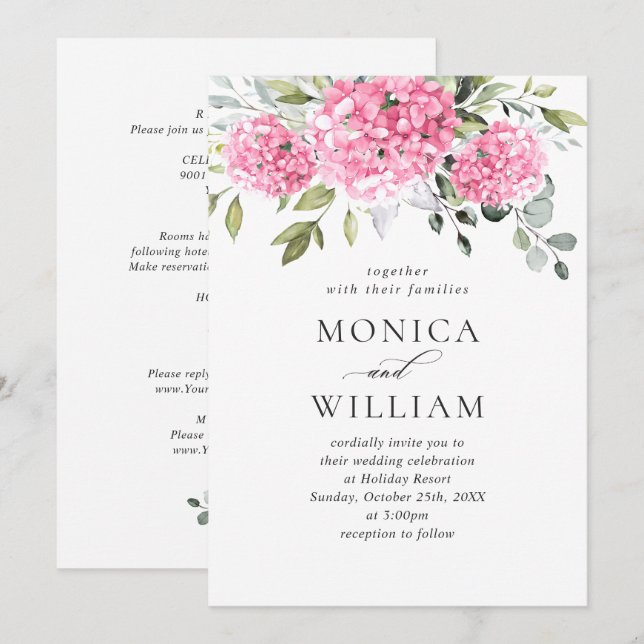 Invitation Élégant Mariage Floral Hydrangea Rose tout en un (Devant / Derrière)