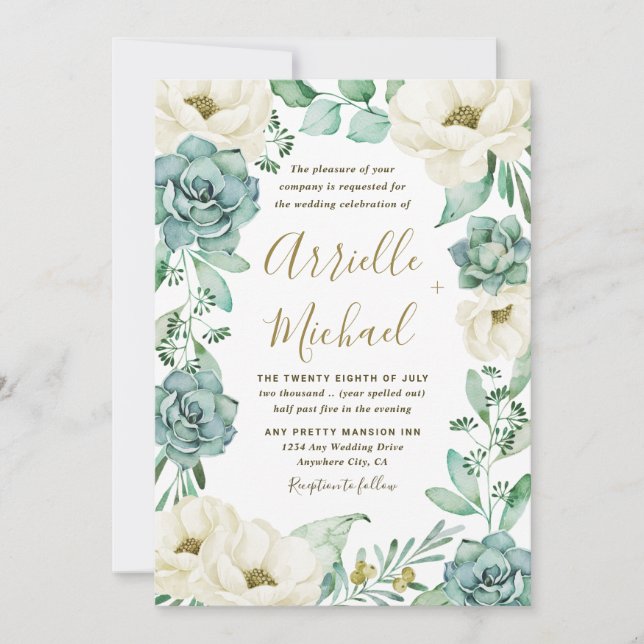 Invitation Elégant Mariage floral ivoire succulent (Devant)