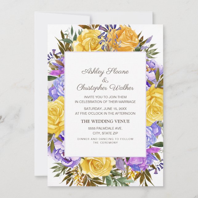 Invitation Élégant Mariage floral jaune violet (Devant)