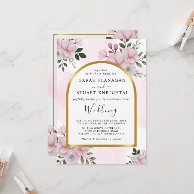 Invitation Élégant Mariage floral Magnolia Arch (Devant/Arrière en situation)