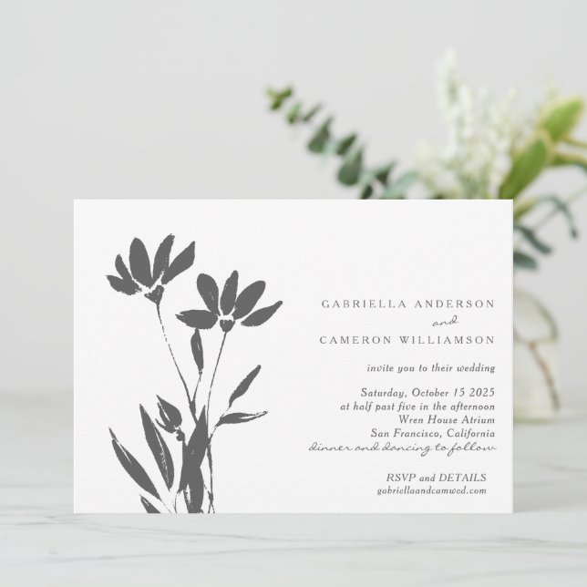 Invitation Élégant Mariage Floral moderne noir blanc (Debout devant)
