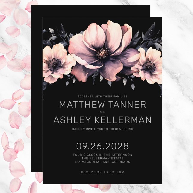 Invitation Élégant Mariage floral moderne rose noir (Elegant Modern Blush Pink Black Floral Wedding Invitation)