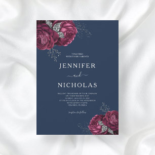 Invitation Élégant Mariage Floral Navy Blue Burgundy Peonies