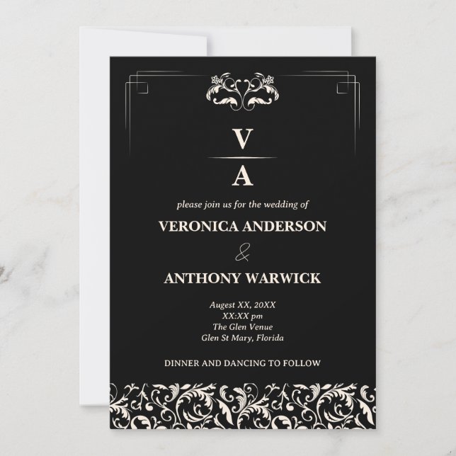 Invitation Élégant Mariage floral noir et blanc victorien (Devant)