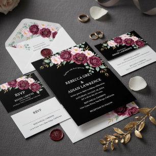 Invitation Élégant mariage floral noir et bordeaux rose