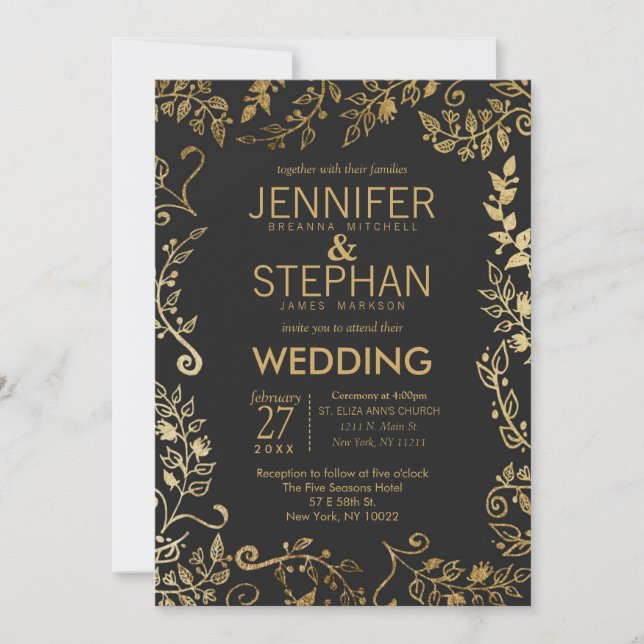 Invitation Élégant Mariage floral noir et jaune (Devant)