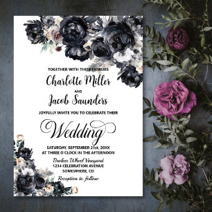 Invitation Élégant Mariage floral noir Smokey