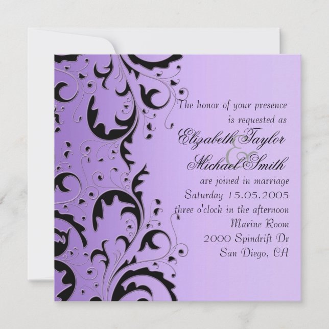 Invitation Elégant Mariage Floral Noir/Violet De Luxe Invitat (Devant)