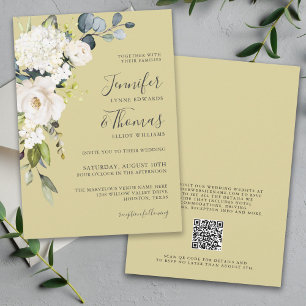 Invitation Élégant Mariage floral or blanc avec code QR