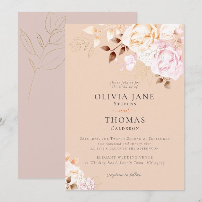 Invitation Élégant Mariage Floral Orange Bleu Automne (Devant / Derrière)