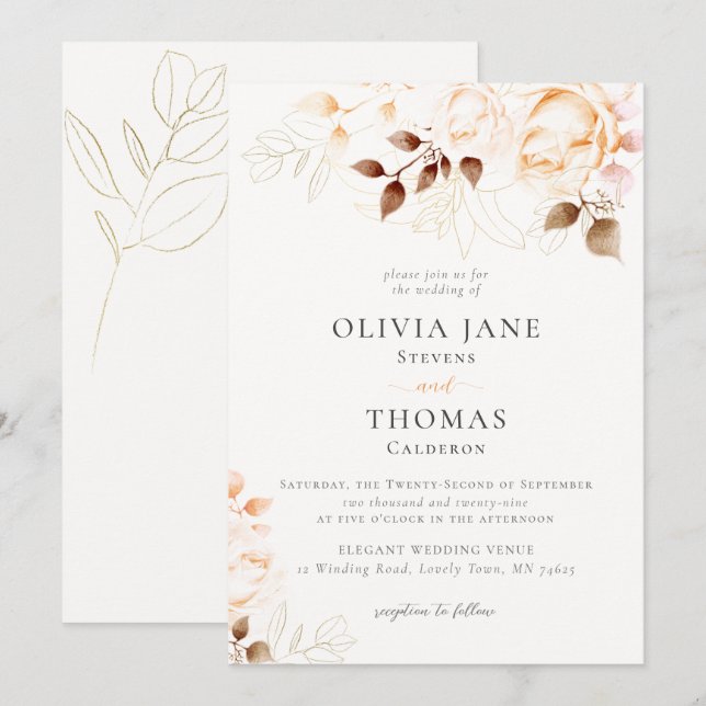 Invitation Élégant Mariage Floral Orange Brûlé Automne (Devant / Derrière)