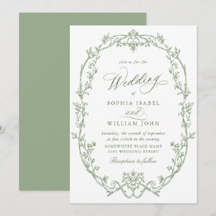 Invitation Élégant Mariage Floral Orné Victorien Vert Sage
