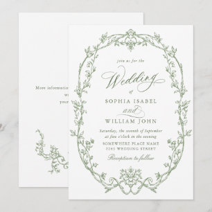 Invitation Élégant Mariage Floral Orné Victorien Vert Sage