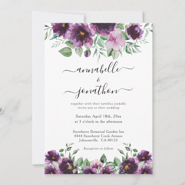 Invitation Élégant Mariage Floral Purple Vert (Devant)