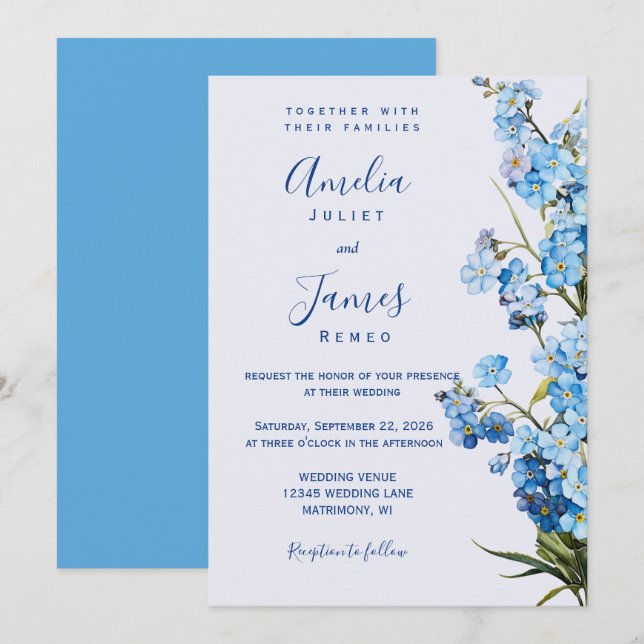 Invitation Élégant Mariage floral romantique "Oubliez-moi-ne- (Devant / Derrière)
