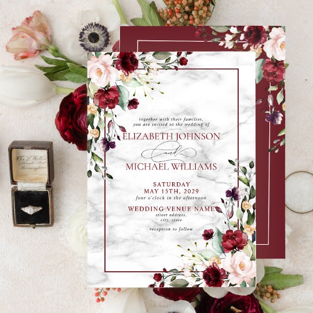 Invitation Élégant Mariage floral rose-bleu bordeaux (Créateur téléchargé)