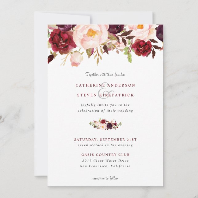 Invitation Élégant Mariage floral rose-bleu bordeaux (Devant)
