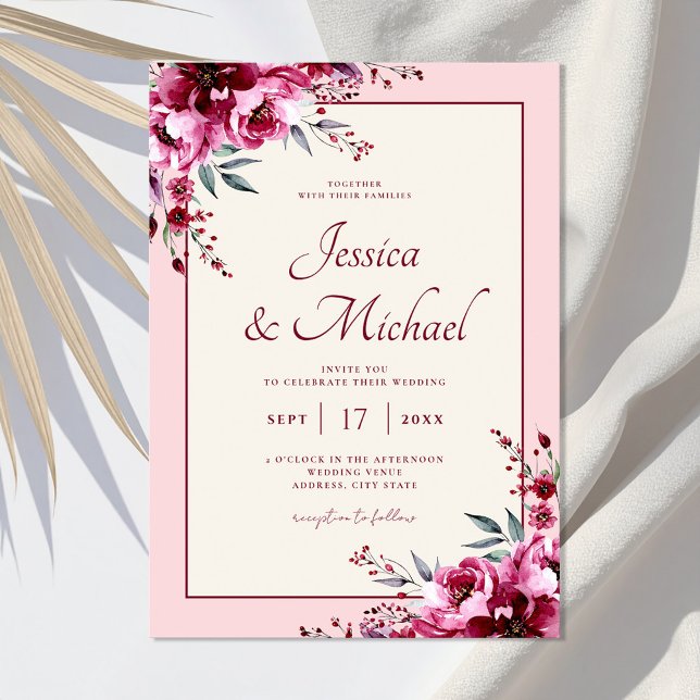 Invitation Élégant Mariage floral rose bordeaux (Créateur téléchargé)