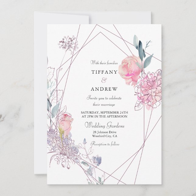 Invitation Elégant mariage floral rose géométrique invitent (Devant)