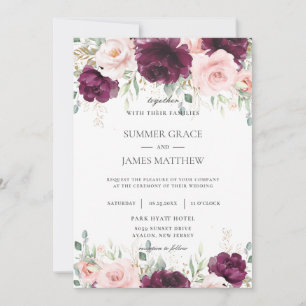 Invitation Élégant Mariage floral rose pâle à framboise foncé