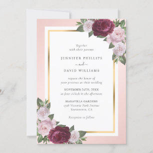 Invitation Élégant Mariage floral rose rose Burgundy Or