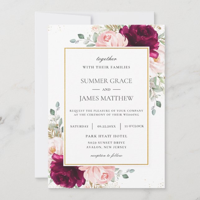 Invitation Élégant Mariage floral rose rose framboise (Devant)