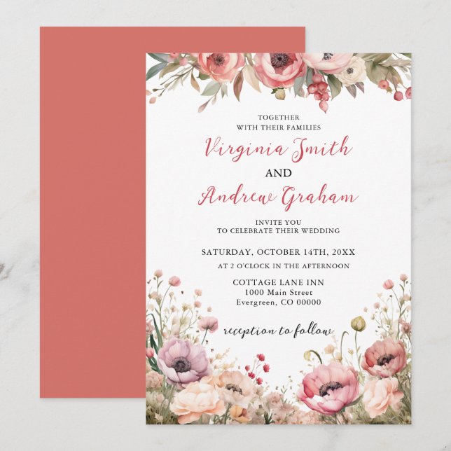 Invitation Élégant Mariage Floral Rose Rose Rose Dusty modern (Devant / Derrière)
