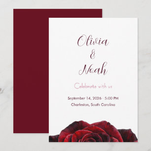 Invitation Élégant mariage floral rose rouge Bourgogne