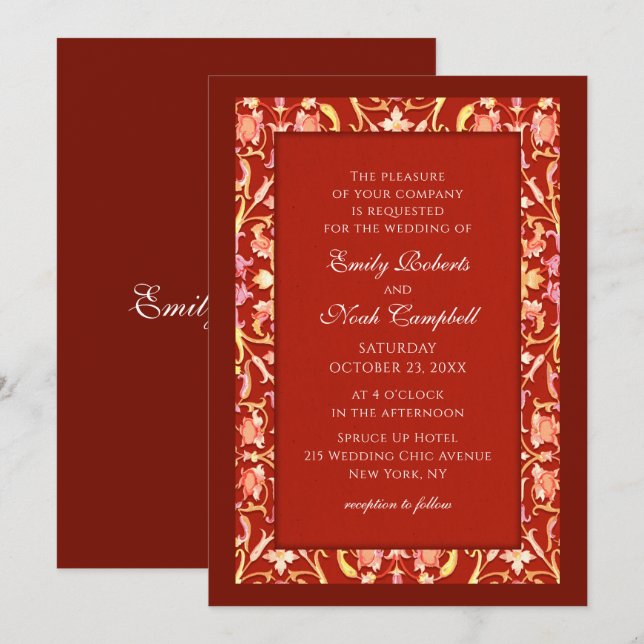 Invitation Élégant Mariage floral rouge Bourgogne élégant (Devant / Derrière)