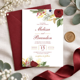 Invitation Élégant mariage floral rouge burgundy et or script