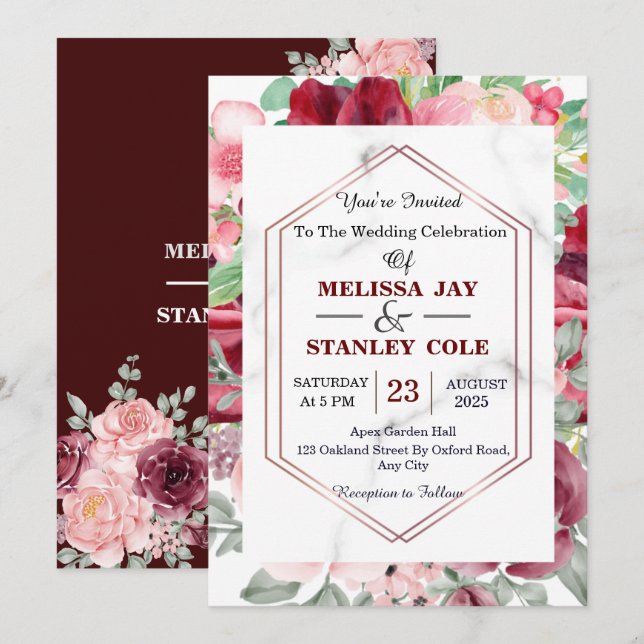 Invitation Élégant Mariage floral rouge roux rose (Devant / Derrière)
