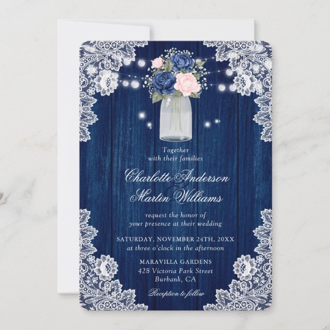 Invitation Elégant Mariage floral rustique bleu marine (Devant)
