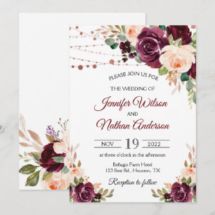 Invitation Élégant mariage floral script bordeaux