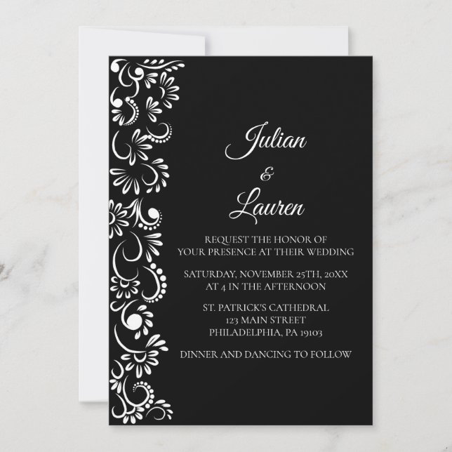 Invitation Élégant mariage floral simple noir et blanc (Devant)