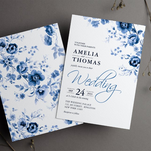 Invitation Élégant Mariage Floral Toile Bleu Français Script (Créateur téléchargé)