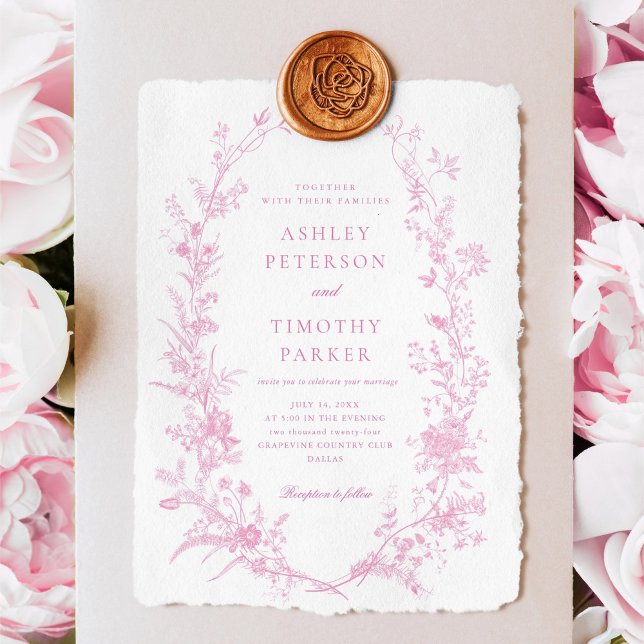 Invitation Élégant Mariage Floral Toile Rose Française (Créateur téléchargé)