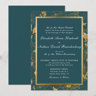 Invitation Élégant Mariage Floral Turquoise Bleu Et Or