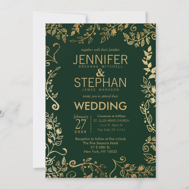 Invitation Élégant Mariage floral vert de forêt (Devant)