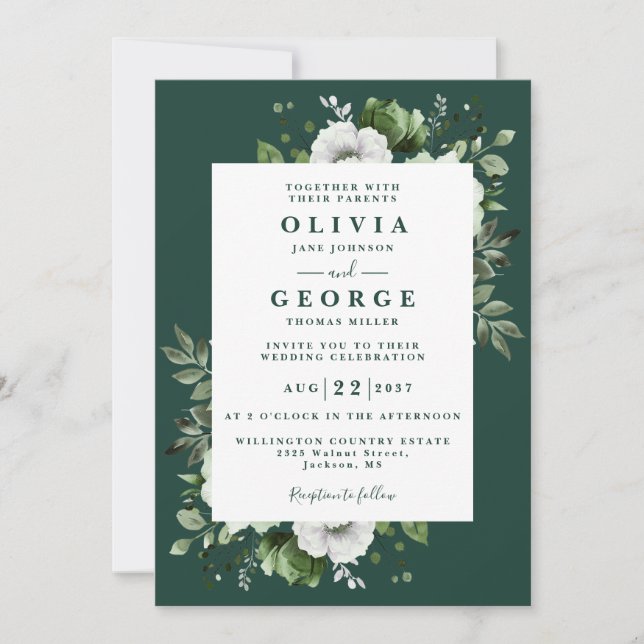 Invitation Élégant mariage floral vert émeraude avec QR Code (Devant)