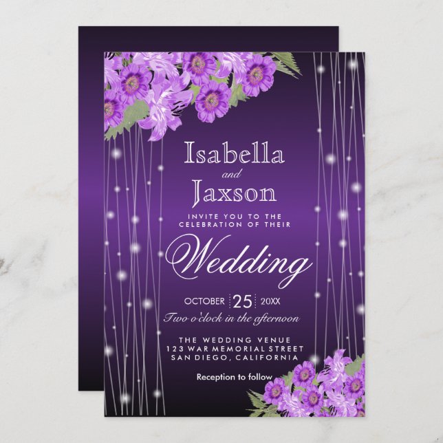 Invitation Élégant Mariage floral violet (Devant / Derrière)