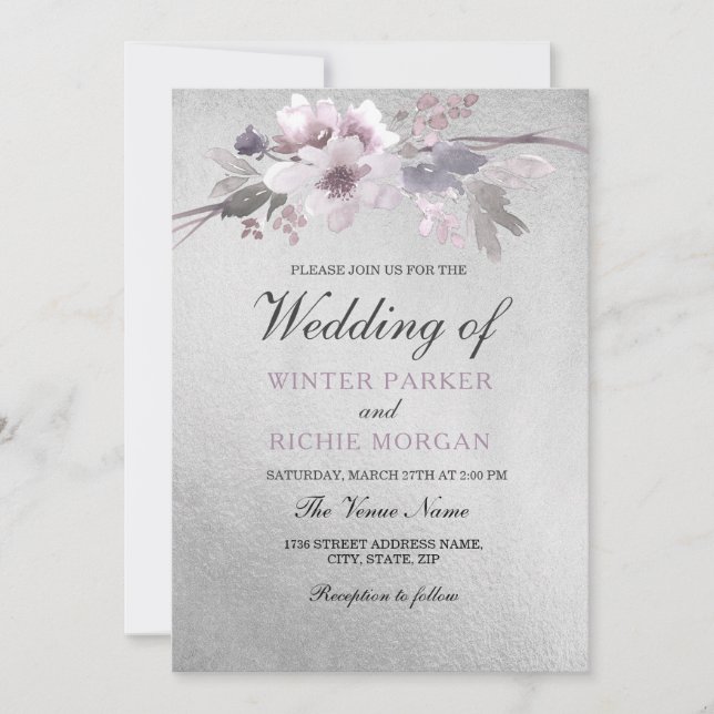 Invitation Élégant Mariage floral violet argenté (Devant)