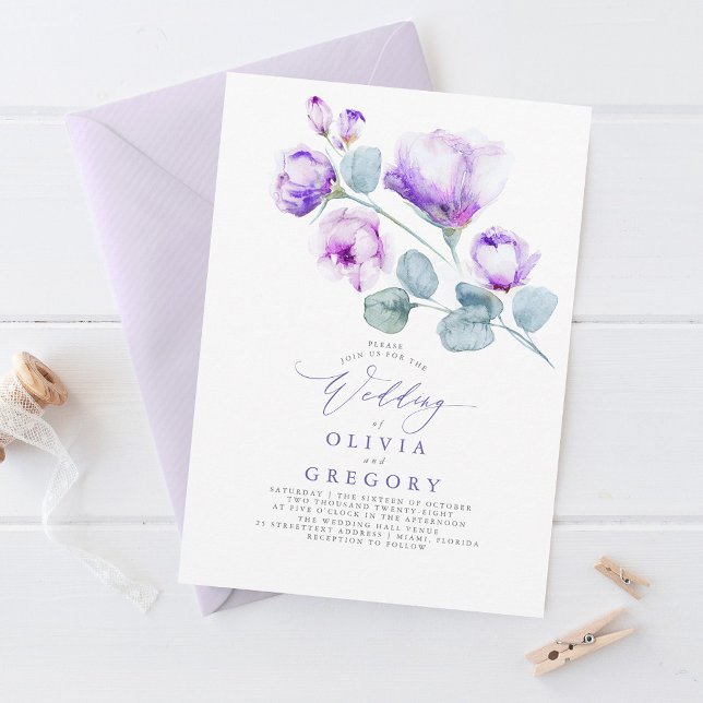 Invitation Élégant Mariage floral violet botanique moderne (Elegant Purple Flowers Wedding Invitation)