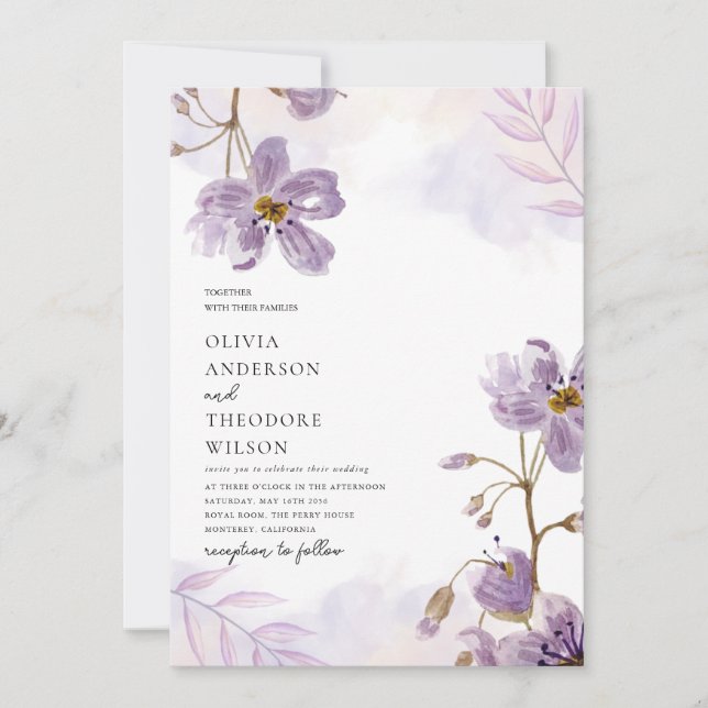 Invitation Élégant Mariage floral violet clair (Devant)