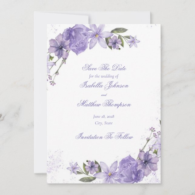 Invitation Élégant Mariage Floral Violet Enregistrer La Date (Devant)