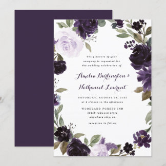 Invitation Élégant Mariage floral violet et feuille verte or