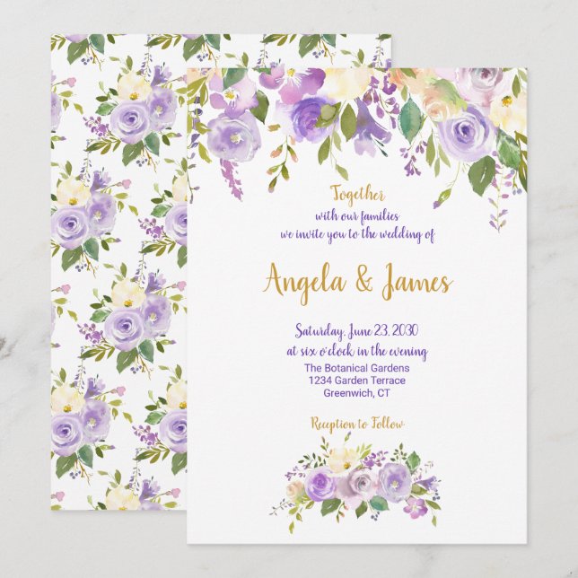 Invitation Élégant Mariage floral violet et or (Devant / Derrière)