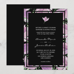 Invitation Élégant Mariage floral violet noir