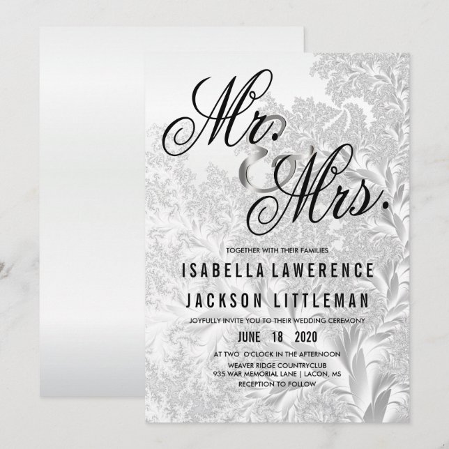 Invitation Élégant Mariage Fractal argent blanc (Devant / Derrière)