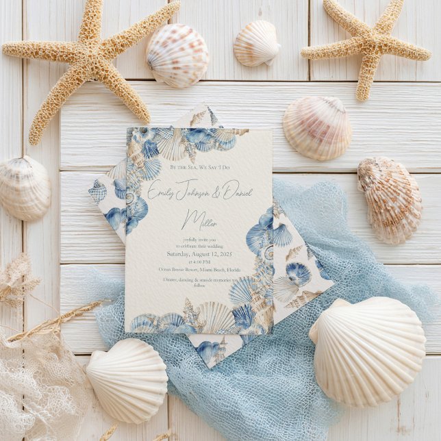 Invitation Élégant Mariage frontalier de coquillages (Créateur téléchargé)